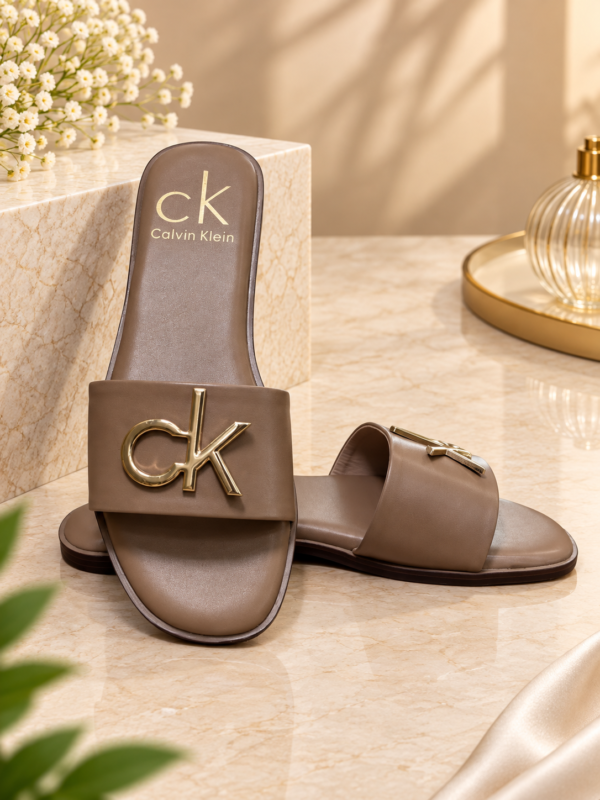 D&Y Women’s Beige Slide Sandals with CK-Style Logo