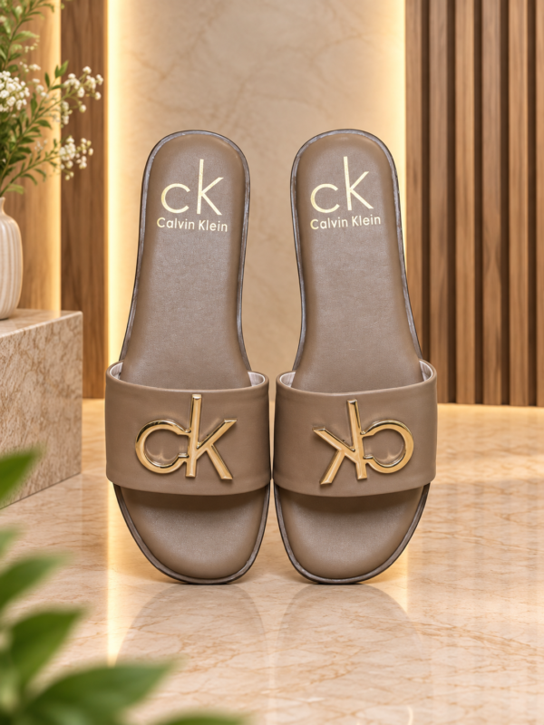 D&Y Women’s Beige Slide Sandals with CK-Style Logo
