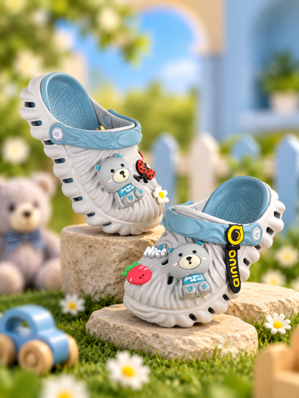 QINUO Little Bear Kids Crocs – Grey & Sky Blue
